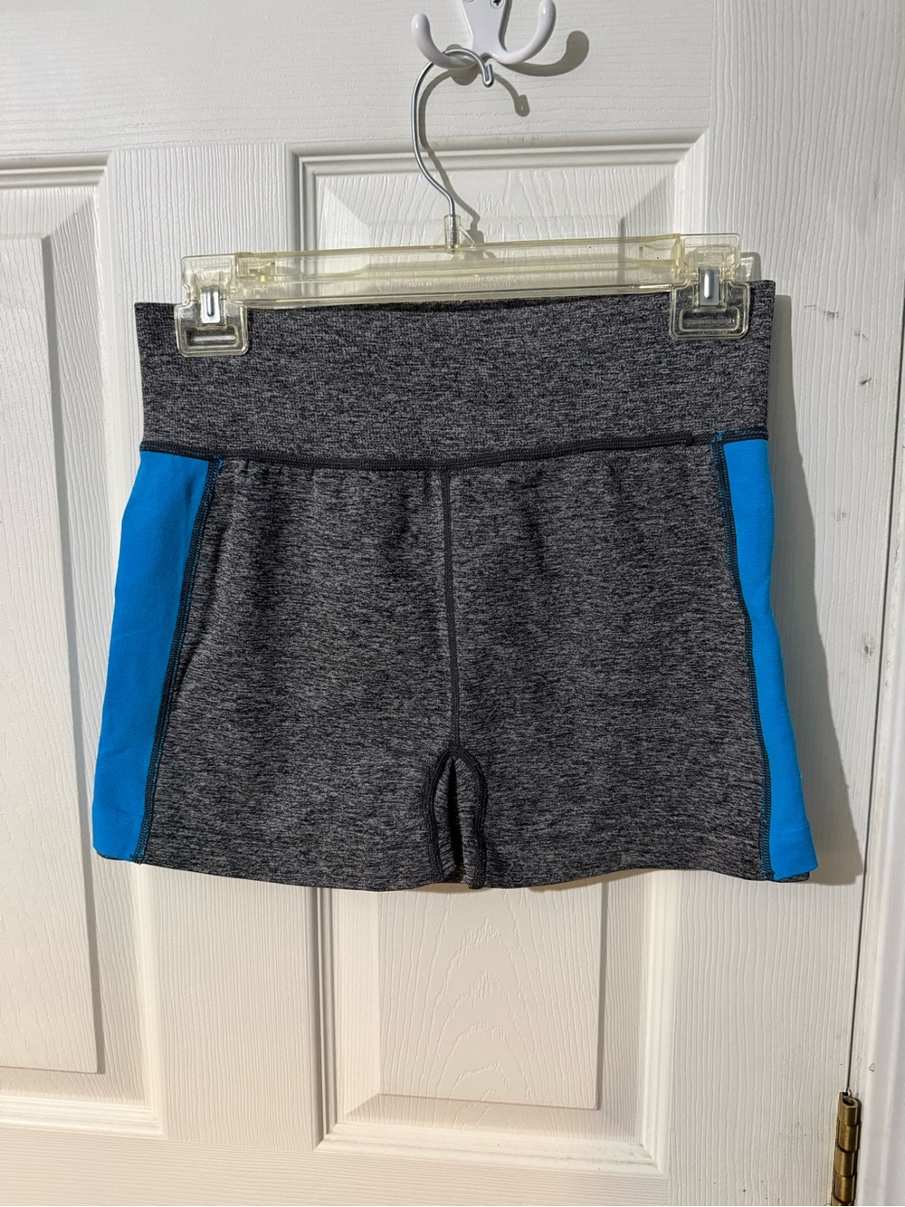 High-Waist Gray Bike Shorts with Blue Side Panels